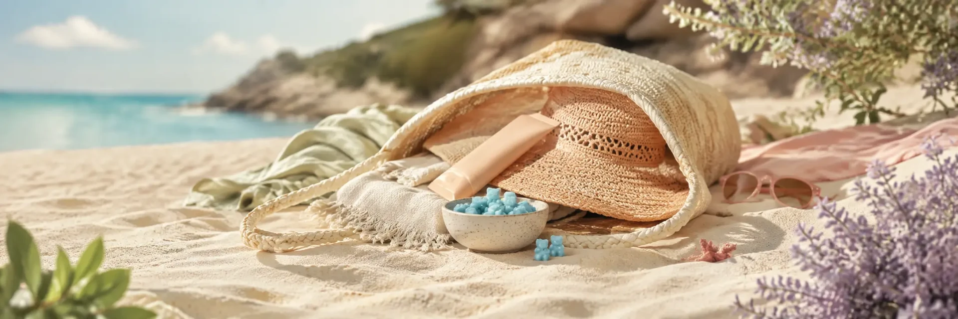 A jar of tanning gummies next to a sunscreen bottle