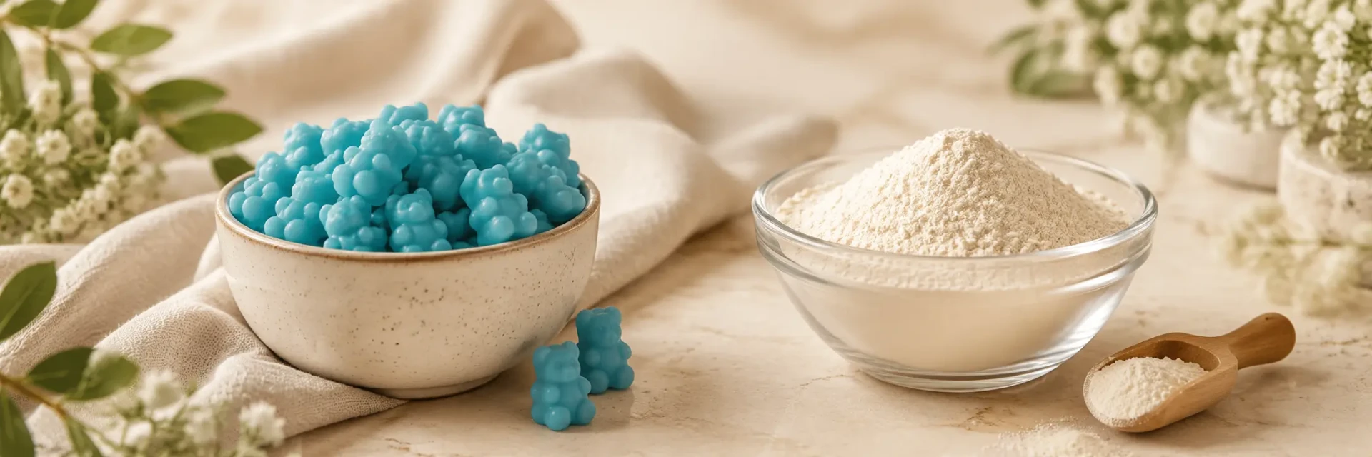 A scoop of collagen powder next to a jar of collagen gummies