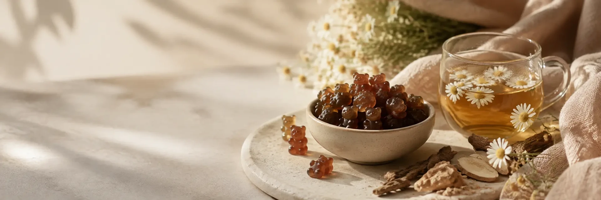 Adaptogenic gummies beside a cup of herbal tea
