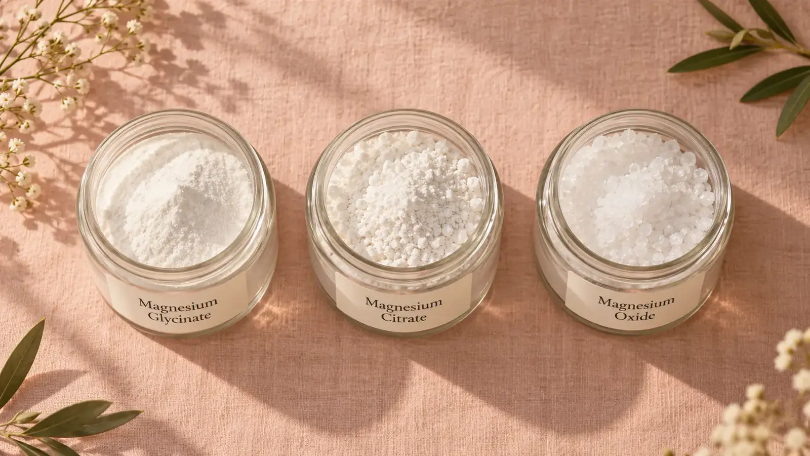 Three jars of magnesium powder labelled glycinate, citrate and oxide