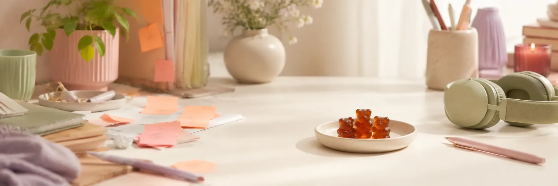 Mushroom gummies next to a laptop and open notebook