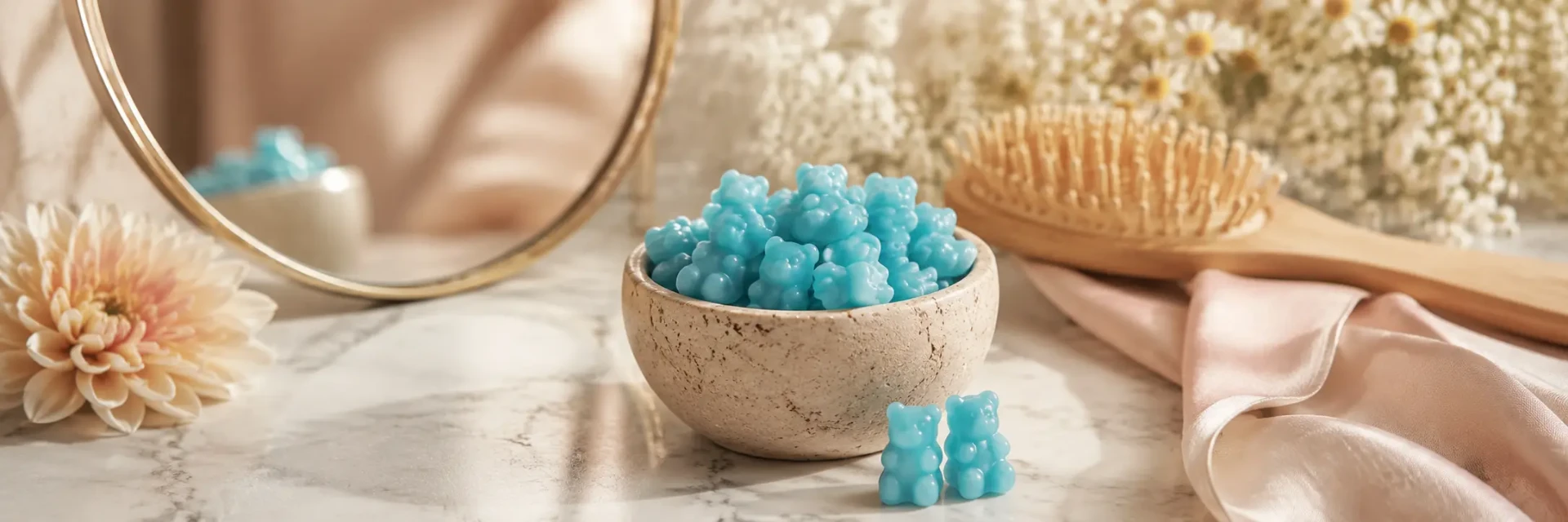 A hairbrush resting beside a jar of biotin gummies