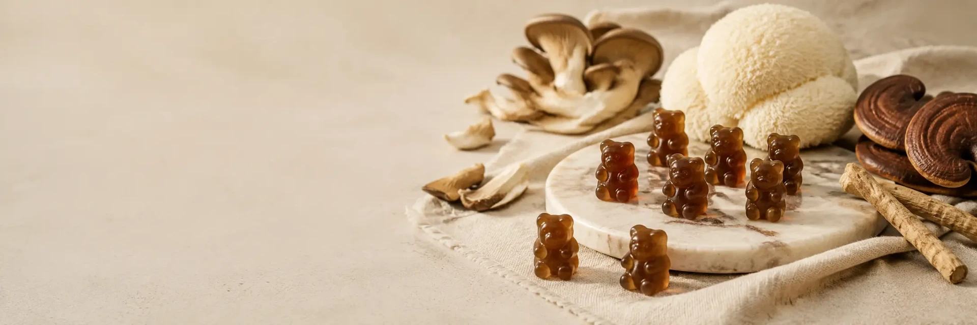 Several jars of mushroom gummies lined up on a bench