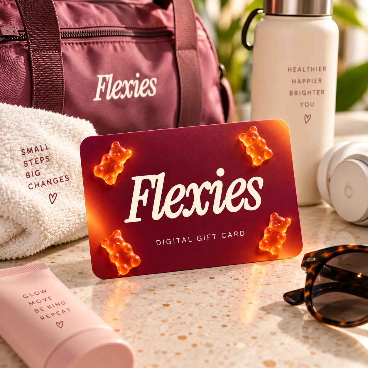 Flexies digital gift card beside a gym bag, towel, water bottle and sunglasses