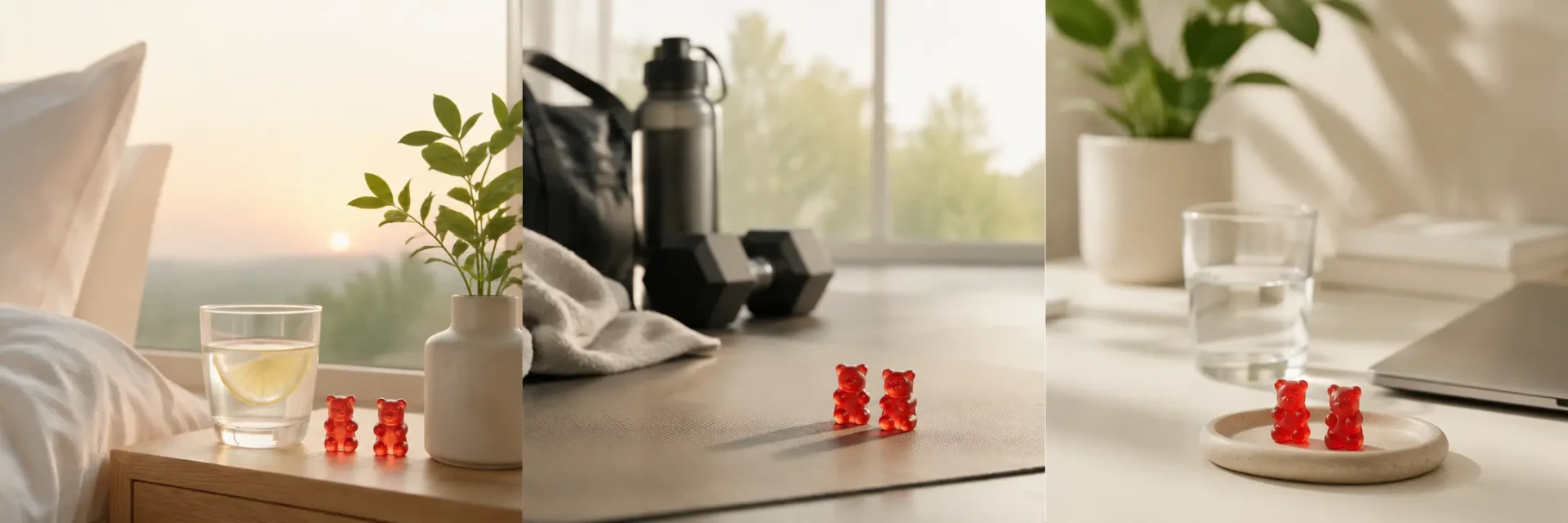Creatine gummies laid out beside a water bottle on a gym bench