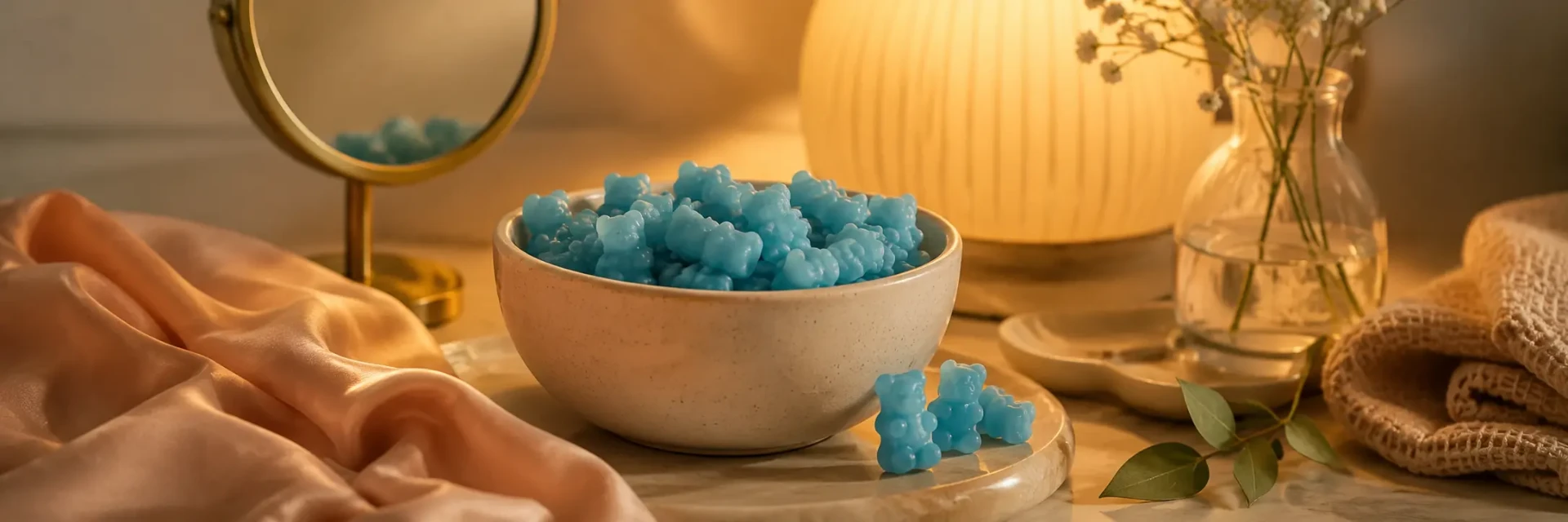 A jar of vitamin A gummies on an evening skincare shelf