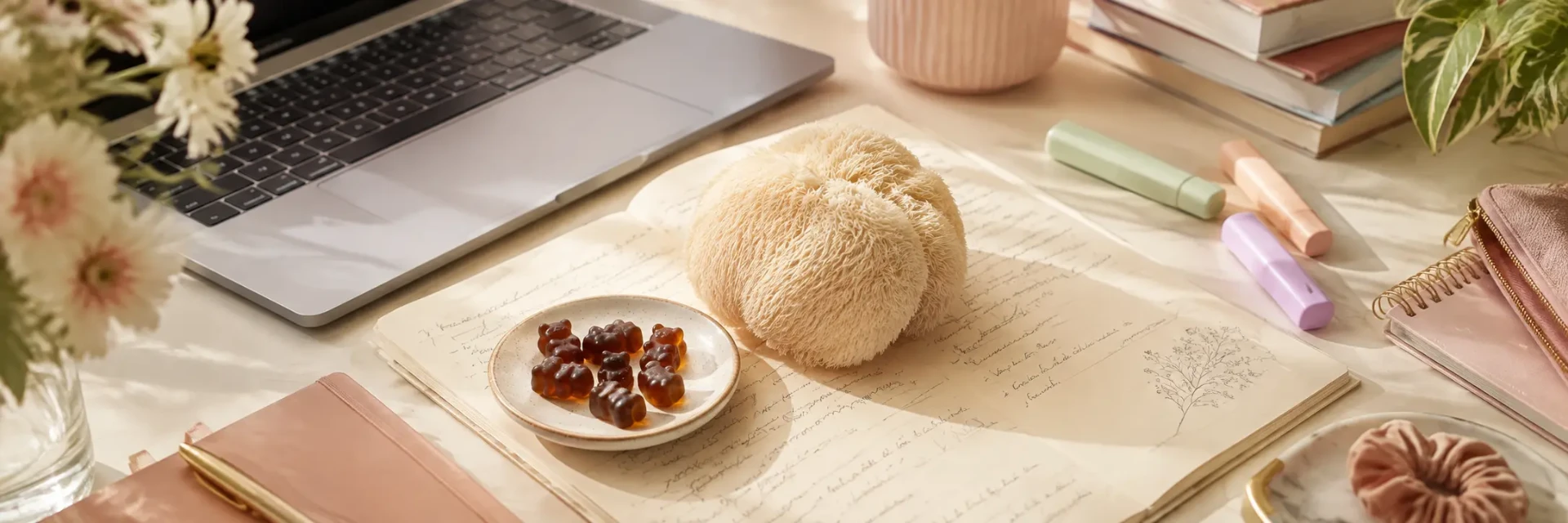 Lion's mane gummies next to an open textbook and pen