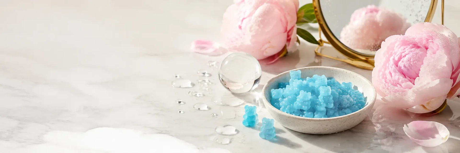 A close-up of hyaluronic acid gummies against smooth skin
