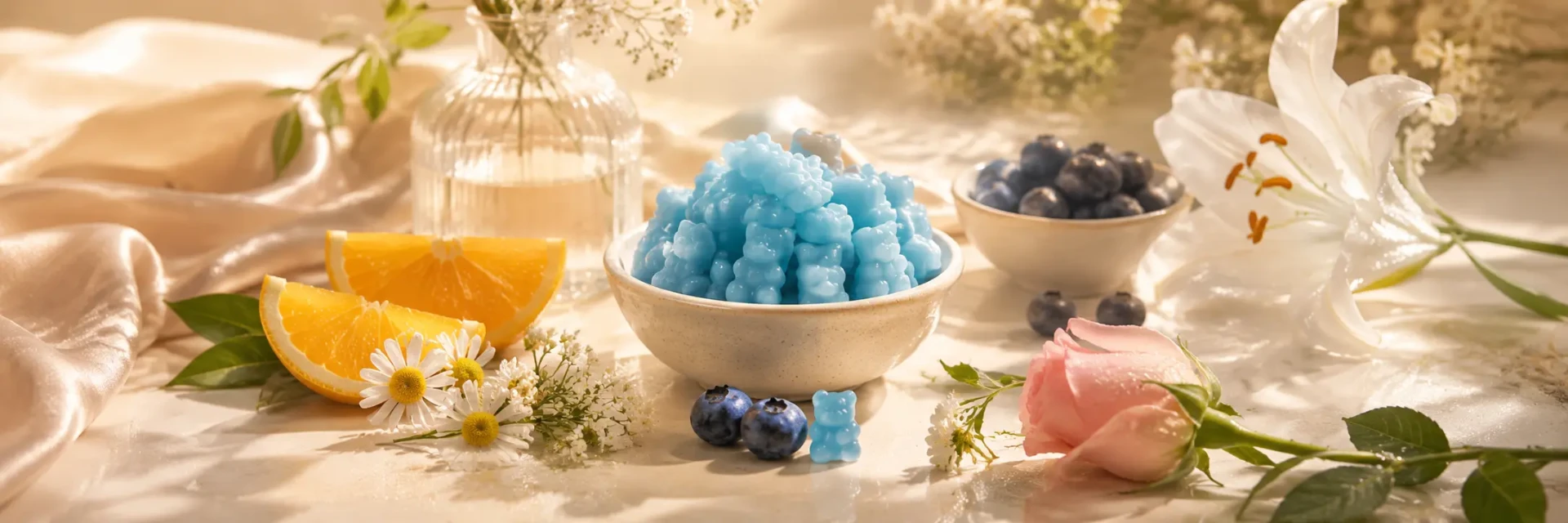 Skin supplement gummies arranged next to a dewy skincare bottle