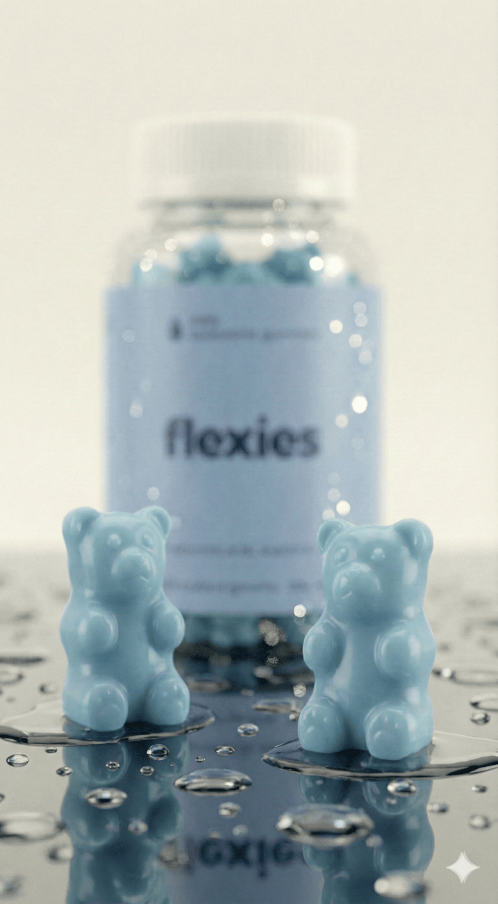 Close-up of blue hyaluronic acid gummies with water droplets