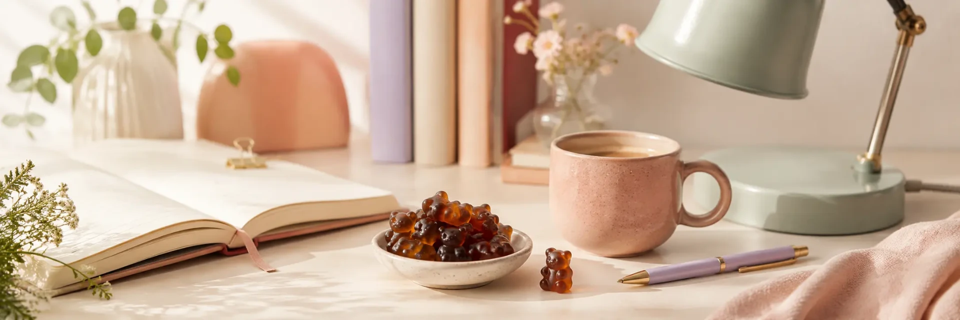 Mushroom gummies on a desk beside a notebook and coffee cup
