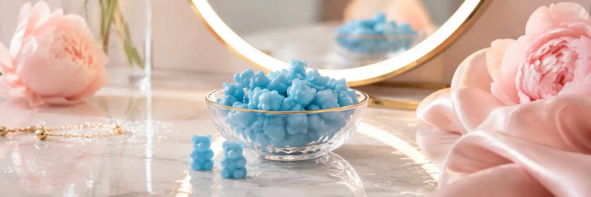 A jar of beauty glow gummies on a sunlit vanity