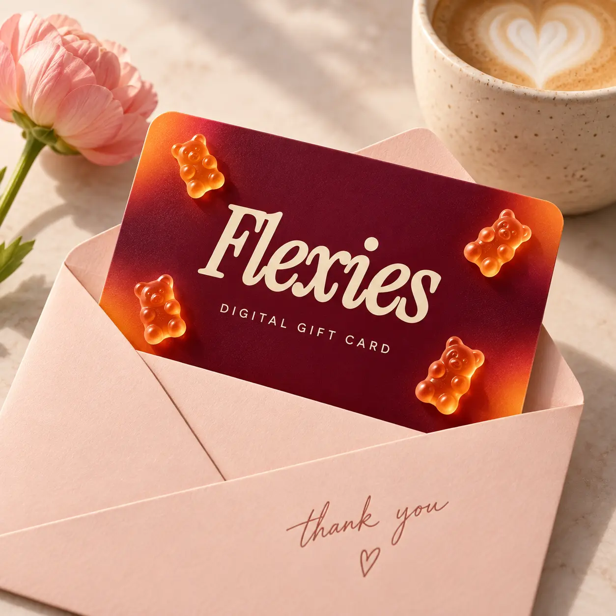 Flexies digital gift card in a pink thank you envelope beside a flower and coffee
