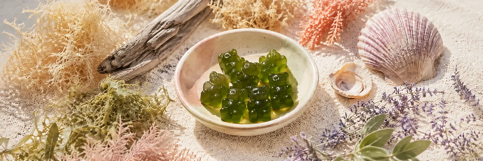 A jar of sea moss gummies on a kitchen bench in natural light