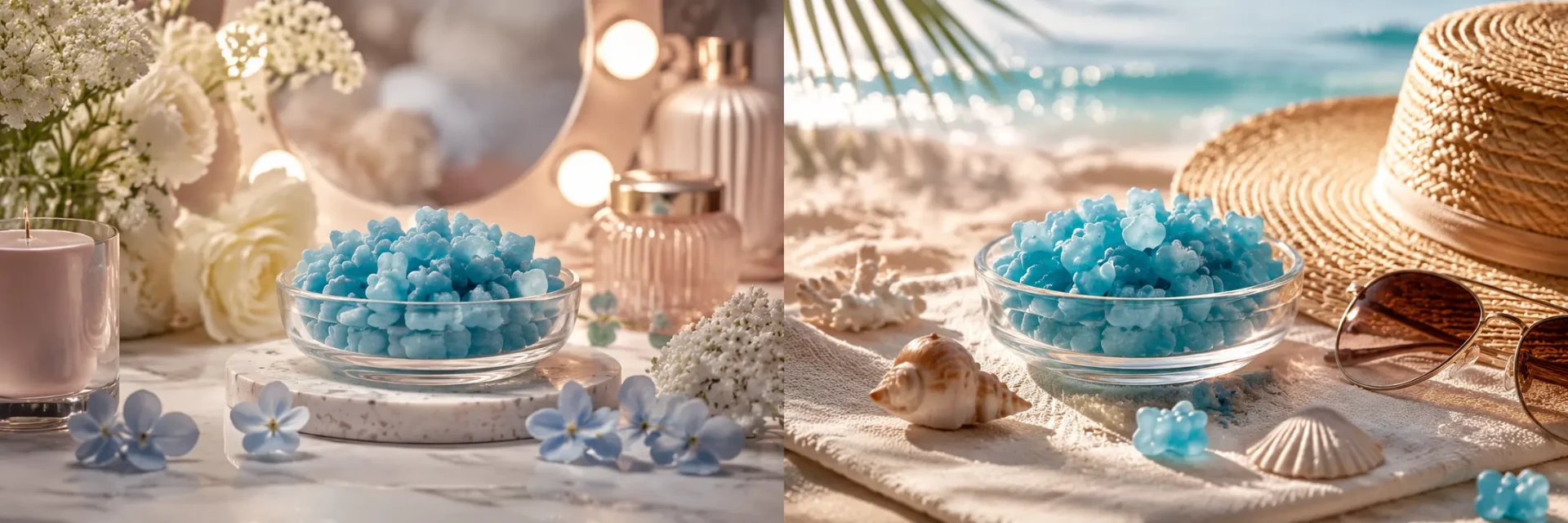 Two gummy jars, one beauty glow and one tanning glow, side by side