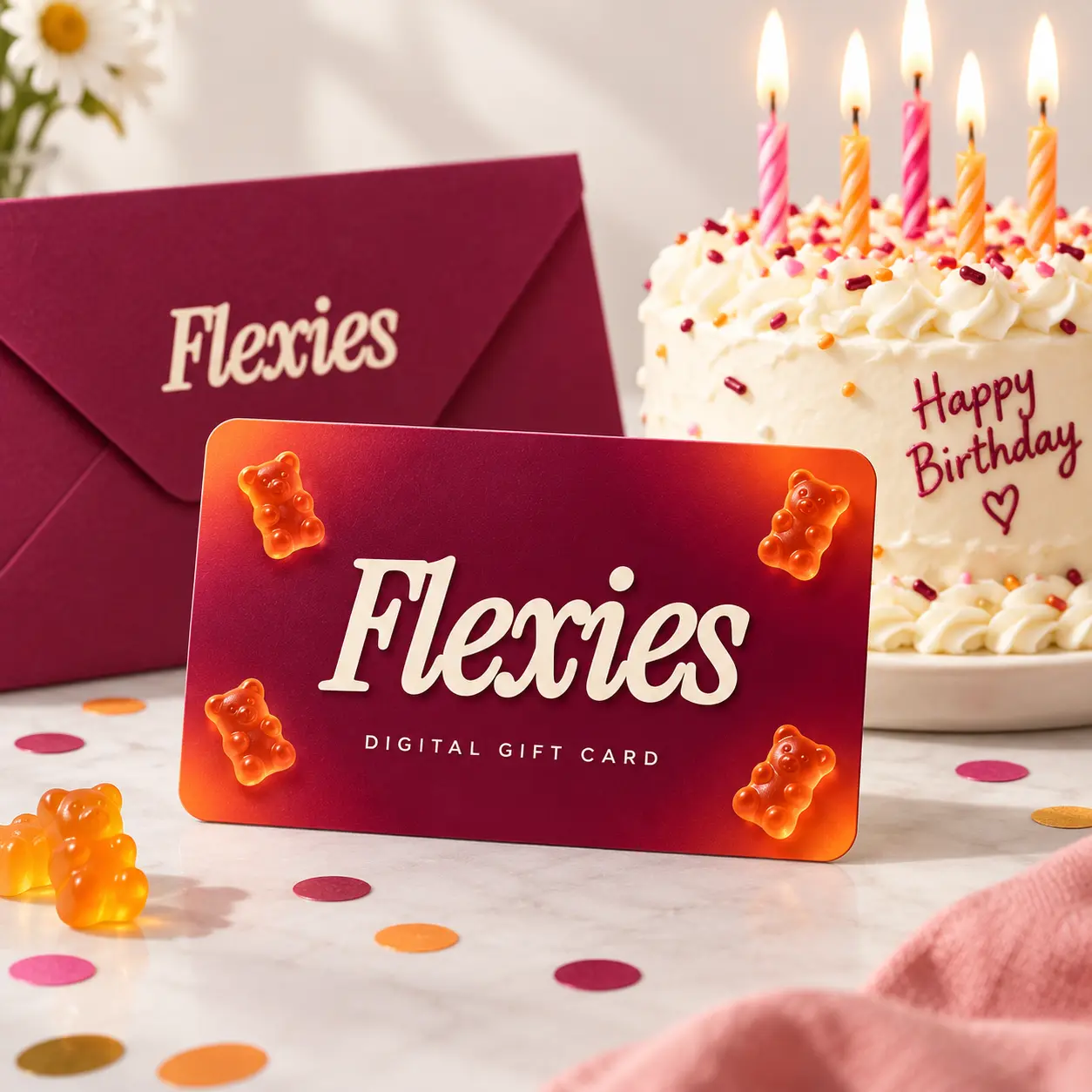 Flexies digital gift card beside a birthday cake with lit candles