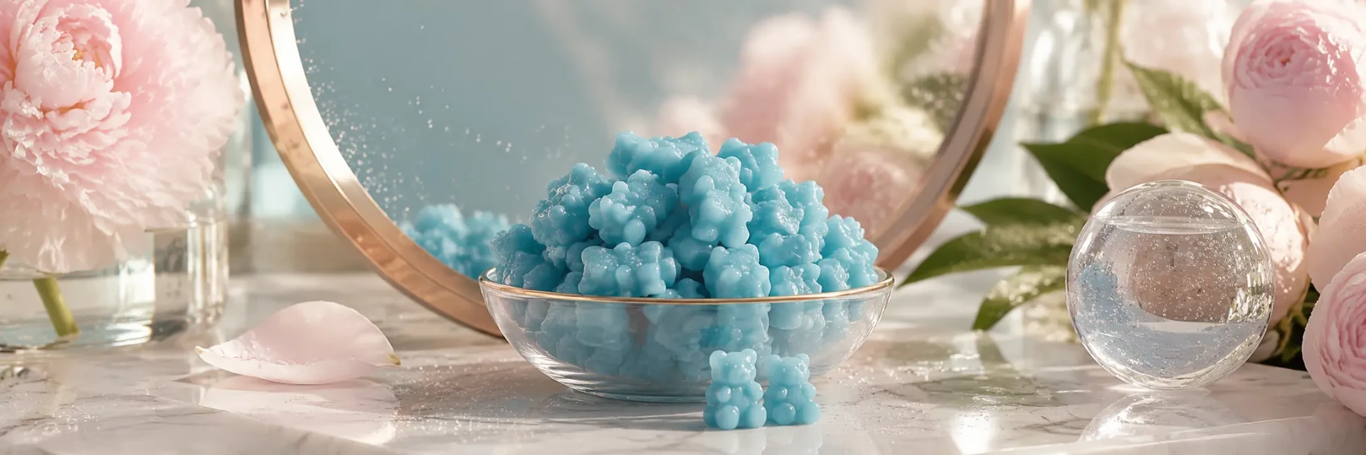 A jar of hyaluronic acid gummies with a few pieces spilled on the bench