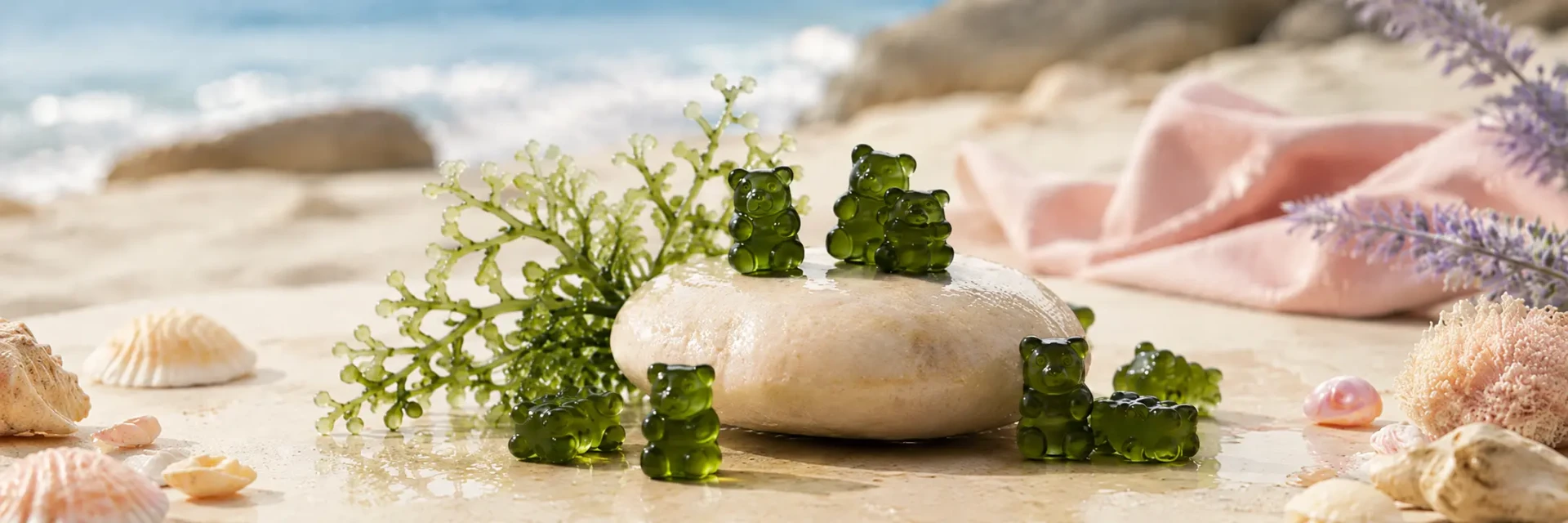 A jar of sea moss gummies with a few pieces spilled on the bench