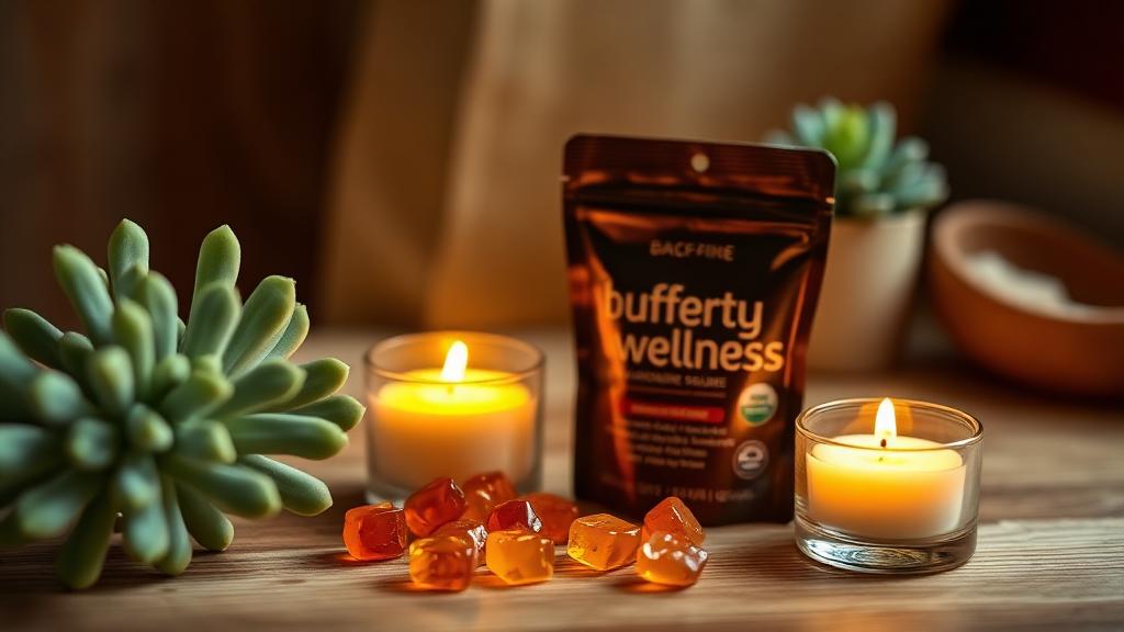 Sleep support gummies beside a warm cup of tea at night