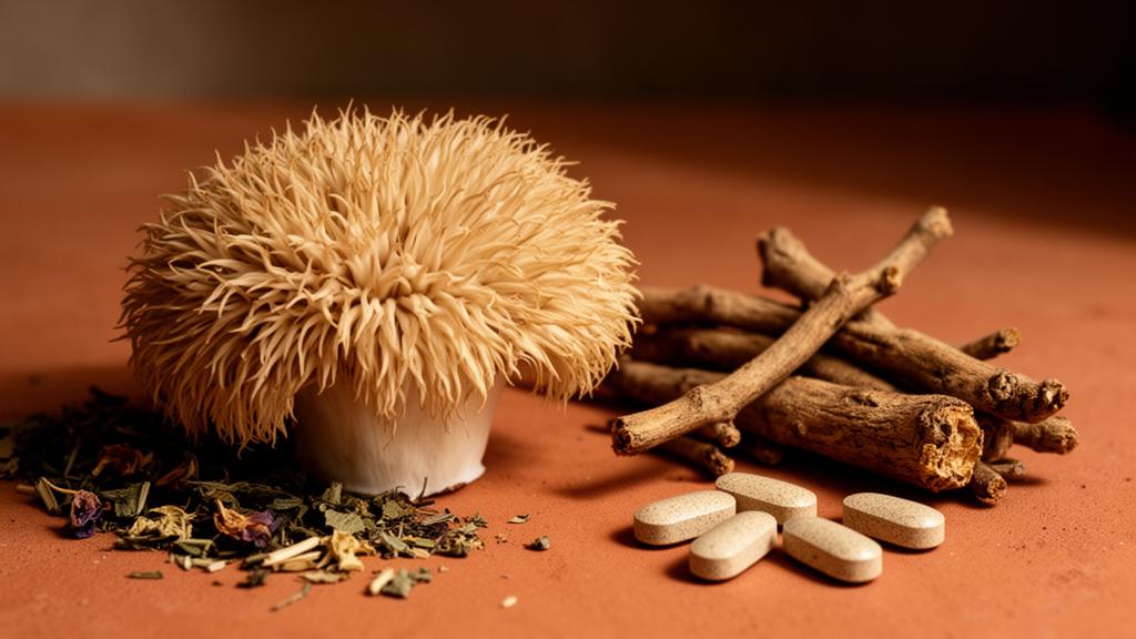 Ashwagandha root and lion's mane mushroom side by side