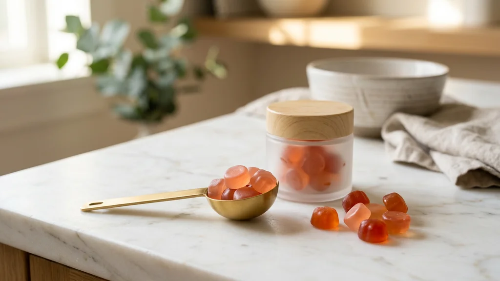 A measuring scoop beside a jar of astaxanthin tanning gummies