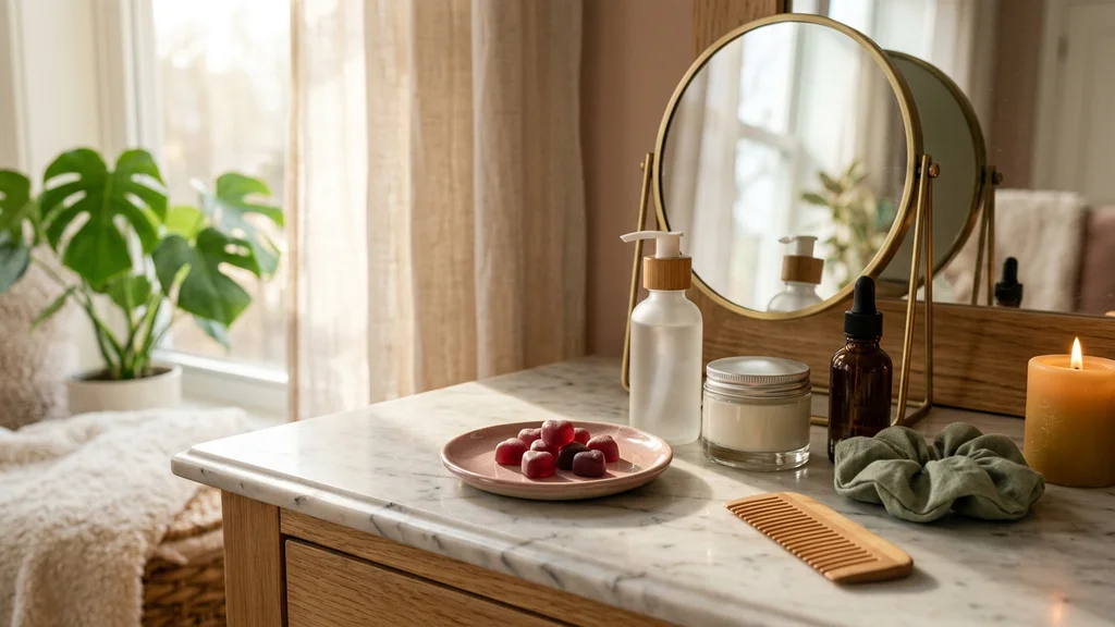 A morning skincare and supplement routine laid out on a tray