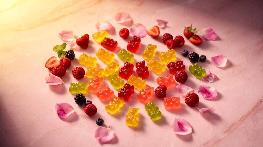 Hair, skin and nail gummies on a bathroom shelf