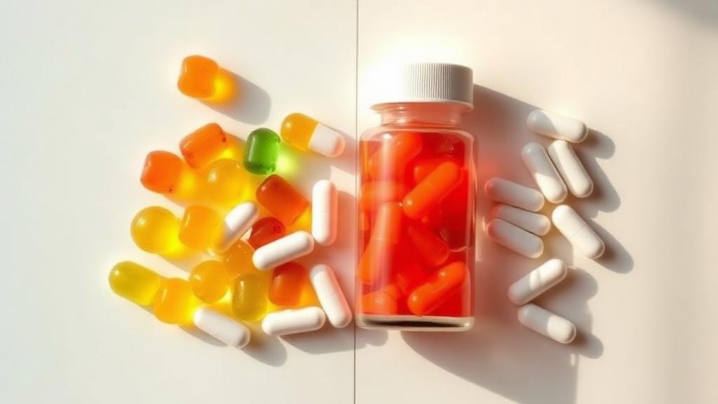A jar of creatine gummies next to a bottle of creatine capsules