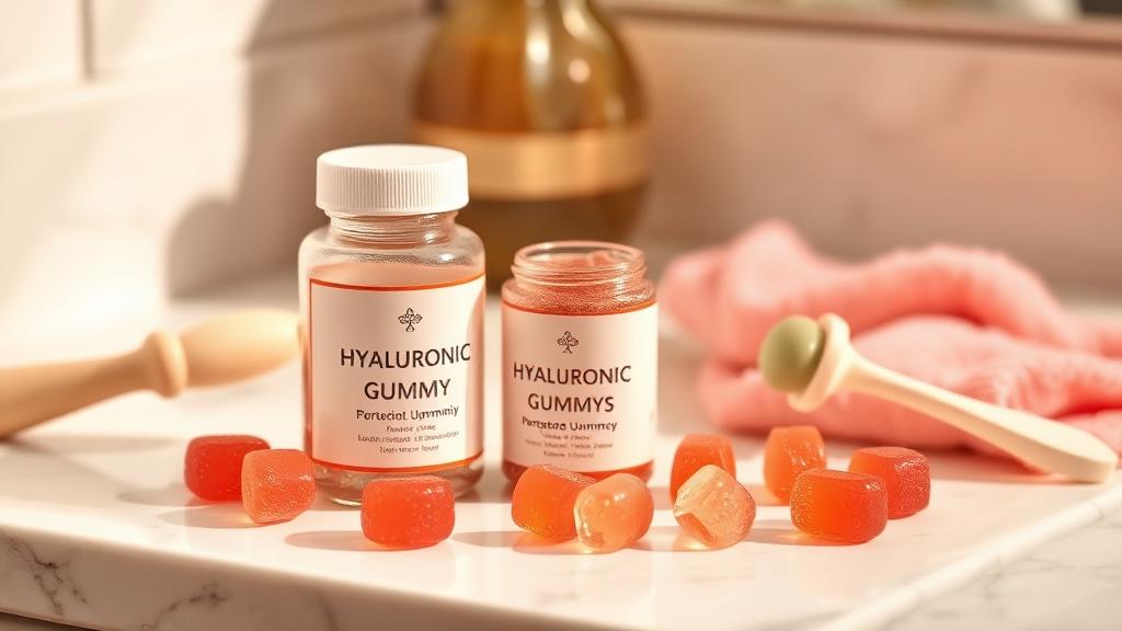 Hyaluronic acid gummies beside a syringe illustration of dermal filler