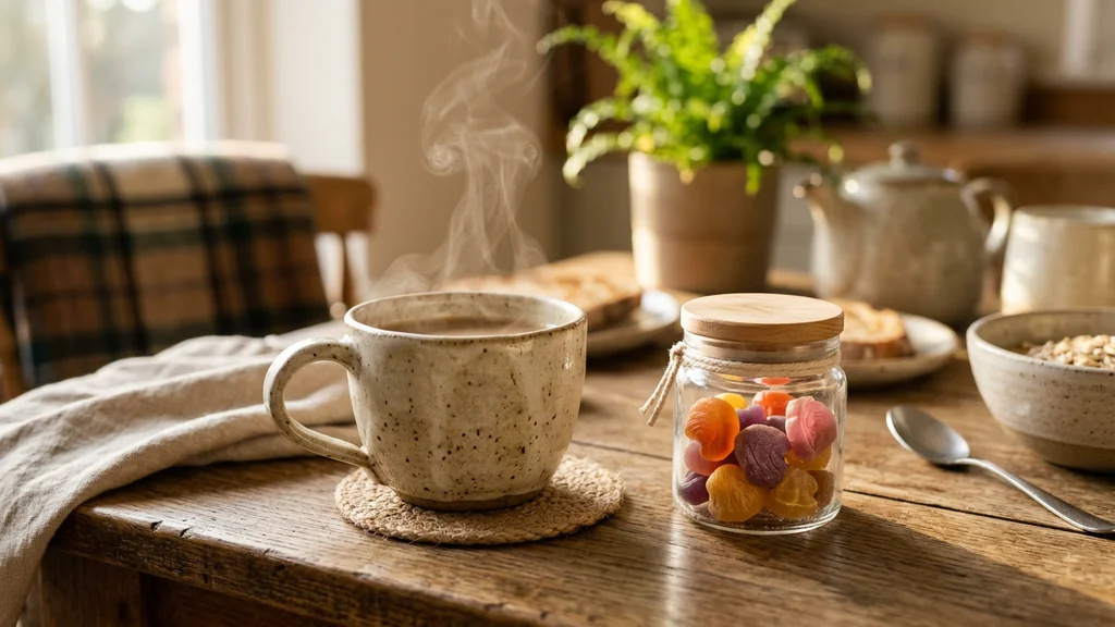 A cup of mushroom coffee next to a jar of mushroom gummies
