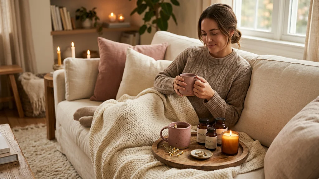 PMS support gummies beside a cosy blanket and warm drink