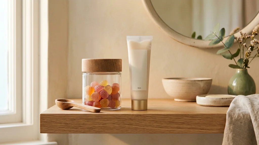 A retinol serum bottle beside a jar of retinol gummies