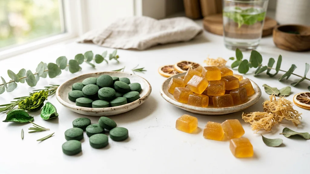 A jar of sea moss gummies next to spirulina powder