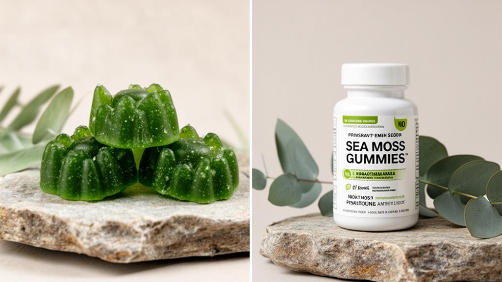 A jar of sea moss gummies beside a bottle of multivitamins